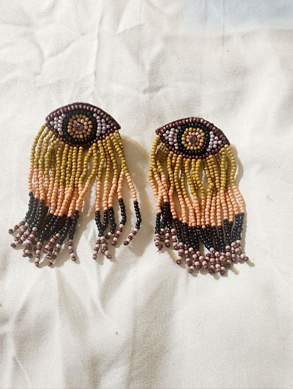 Handmade Beaded Eye Fringe Earrings in Yellow and Peach